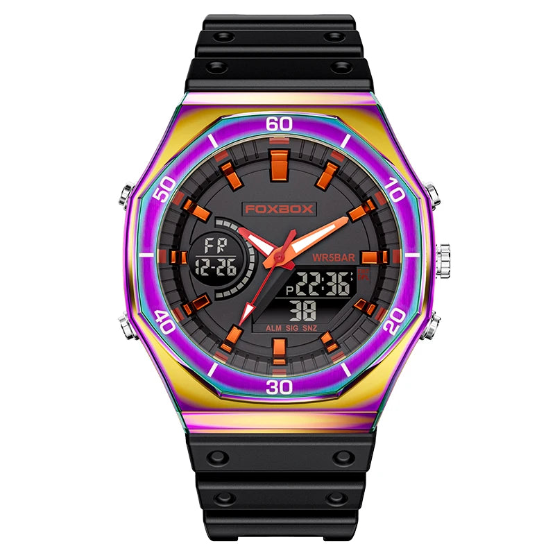 FOXBOX New Dual display Watches For Men Casual Sports Chronograph Quartz Big Dial Wrist Watch Silicone Waterproof Digital Clock