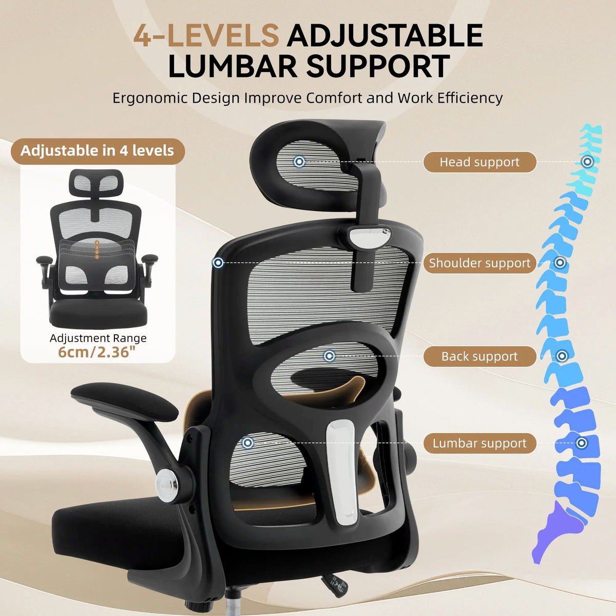 Silla ergonómica de malla negra con respaldo alto, soporte lumbar y reposacabezas ajustable.