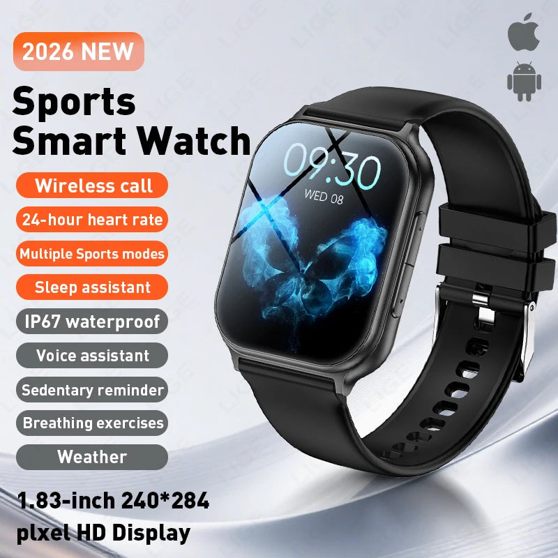 LIGE Nuevo Reloj Inteligente de 700mAh para Hombres y Mujeres, Deportivo, Rastreador de Fitness, Impermeable, Monitor de Frecuencia Cardíaca 24H Integrado, Llamadas Bluetooth, Smartwatch HD de 1.83"