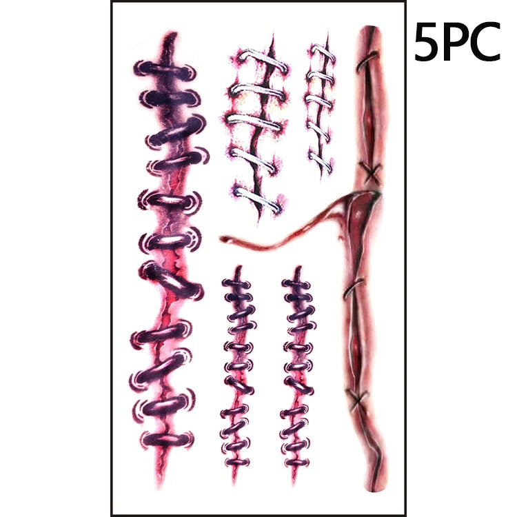 5/10 Uds. Pegatinas de tatuaje temporal de cicatriz de Halloween, tatuaje facial de coágulo de sangre roja, regalos de Cosplay impermeables para hombres y mujeres, decoración de fiesta