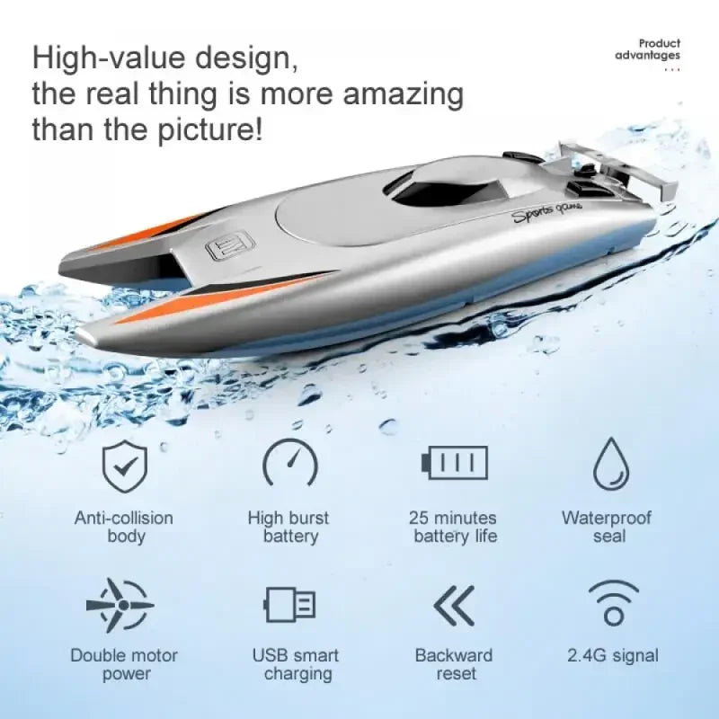 Lancha rápida RC 2.4G de alta velocidad, barco a control remoto de 30 km/h con doble motor, resistente al agua y evasión de obstáculos, juego para niños, regalo para niños.