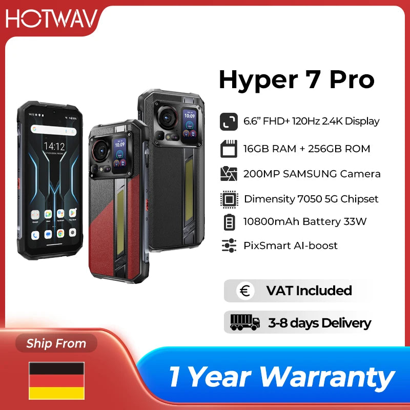 Teléfono móvil rugerizado HOTWAV Hyper 7 Pro 5G 200MP 6.6'' FHD+ 120Hz 16GB 256GB 10800mAh 33W Smartphone Android 14