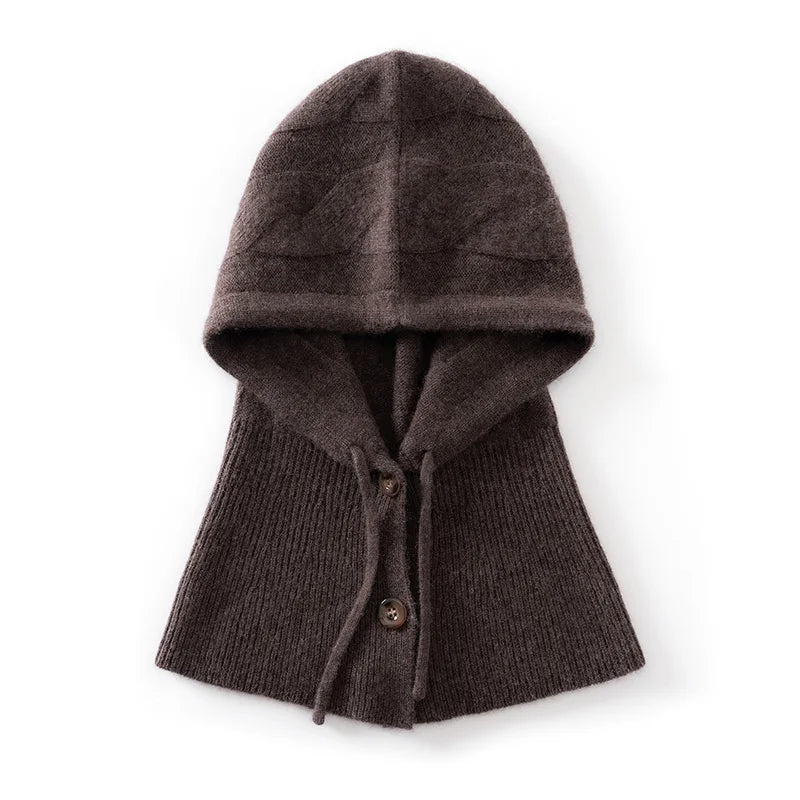 Gorro 100% de cachemira con capucha integrada de punto trenzado grande y cuello calentador, gorro tipo pasamontañas con botones para mujer, gorro cálido tipo pullover.
