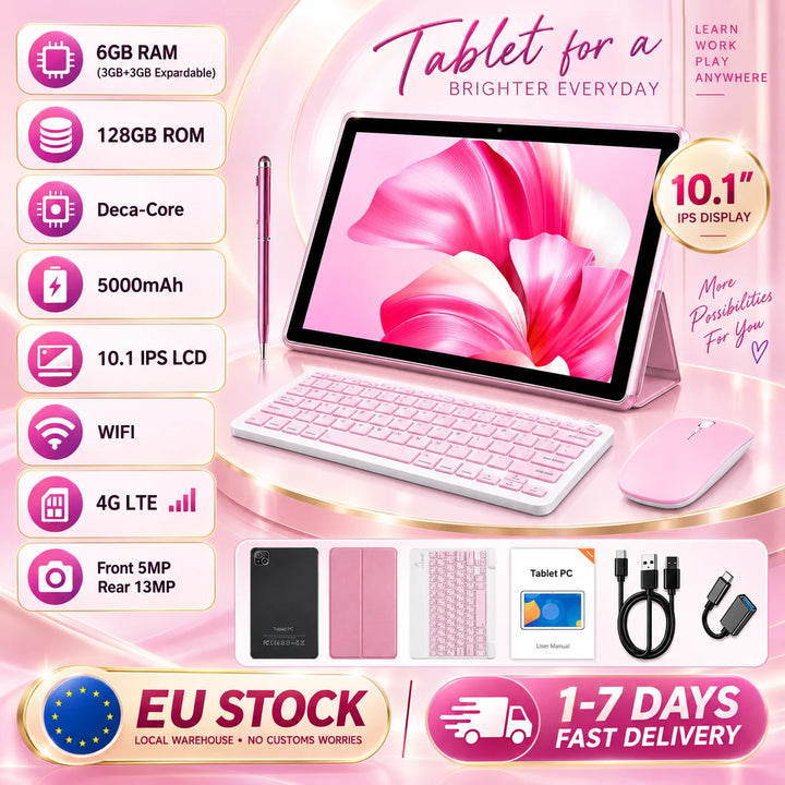 KOOMDIGI T30 PRO, tableta 2 en 1 de 10,1 pulgadas, con sistema operativo Android, 6 GB de RAM, 128 GB de ROM, conectividad 4G LTE, WiFi de 2,4 GHz + 5 GHz, doble cámara de 5 MP + 13 MP, con funda rosa, lápiz óptico, teclad