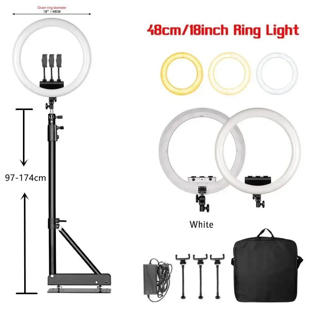 Aro de Luz LED de 45CM / 18 Pulgadas con Diferentes Estilos de Trípode o Soporte o Sin Soporte, Aro de Luz LED Grande de 18 Pulgadas con Control Remoto, Trípode, Soporte para Teléfono, Iluminación para Transmisiones en Vi