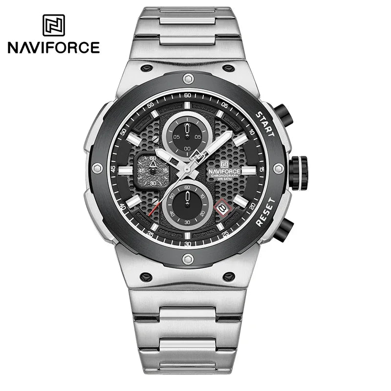 Reloj NAVIFORCE de lujo para hombre, con cronógrafo de cuarzo, luminoso, calendario, resistente al agua, de acero inoxidable, estilo deportivo y militar.