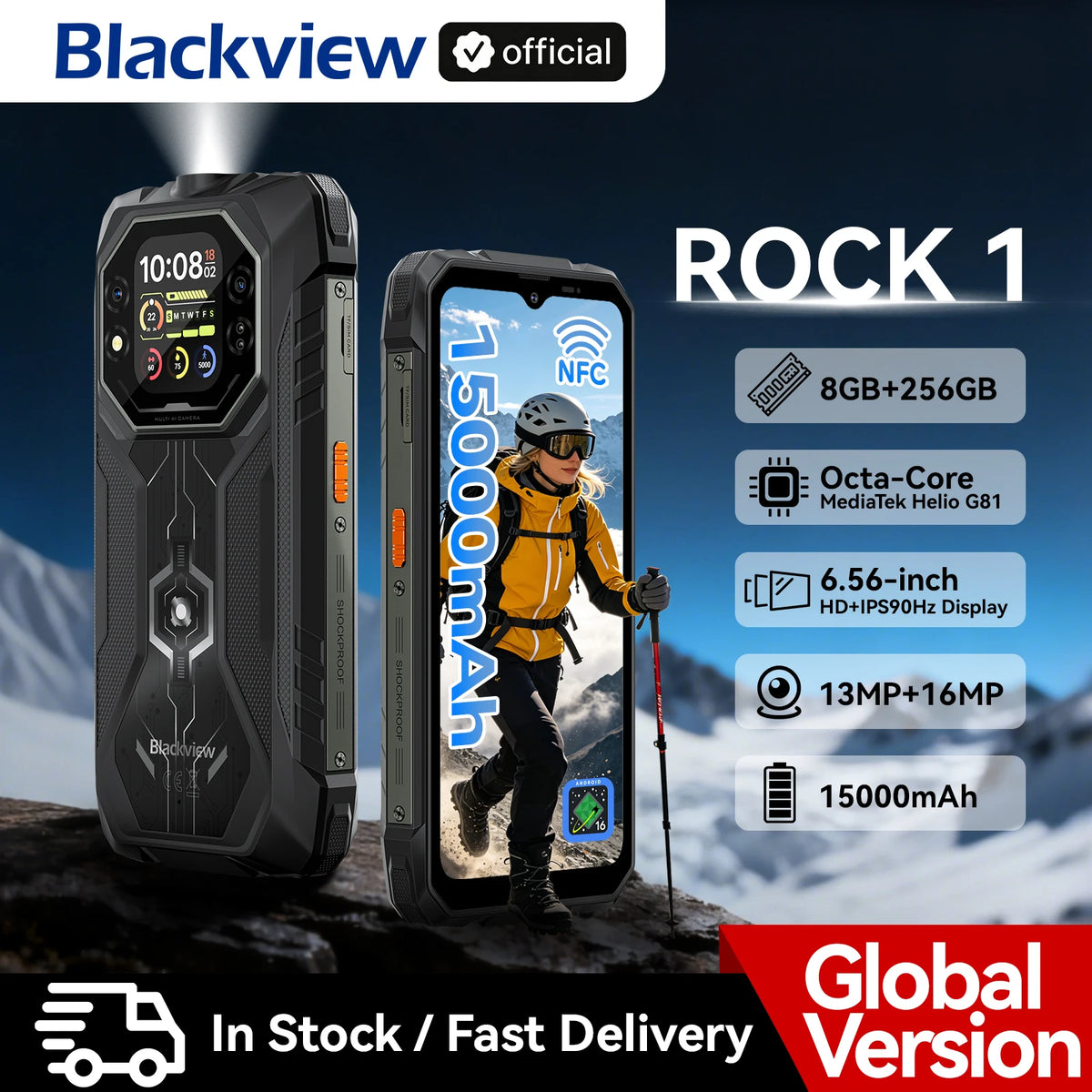 Smartphone ultrarresistente con IA Blackview ROCK 1, pantalla de 6,56 pulgadas a 90 Hz, 256 GB, MediaTek Helio G81, 4G, Android 16, NFC, linterna, 15000 mAh/33 W