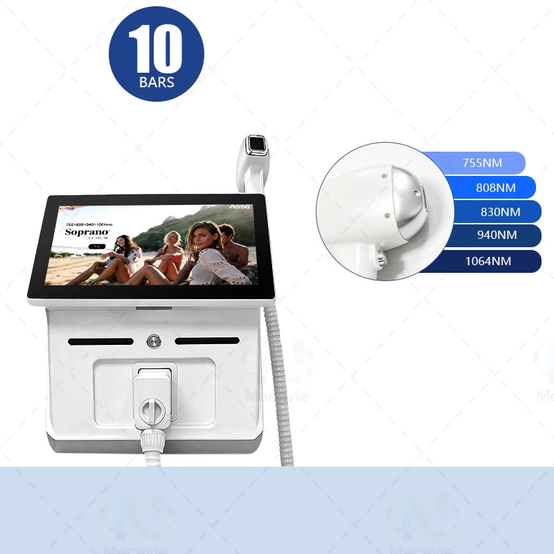 Máquina de depilación láser de diodo Mecavie 6 longitudes de onda 6000W 10 barras tecnología FAC refrigeración TEC puntas intercambiables pantalla táctil múltiples idiomas monitoreo en tiempo real certificada CE RoHS U