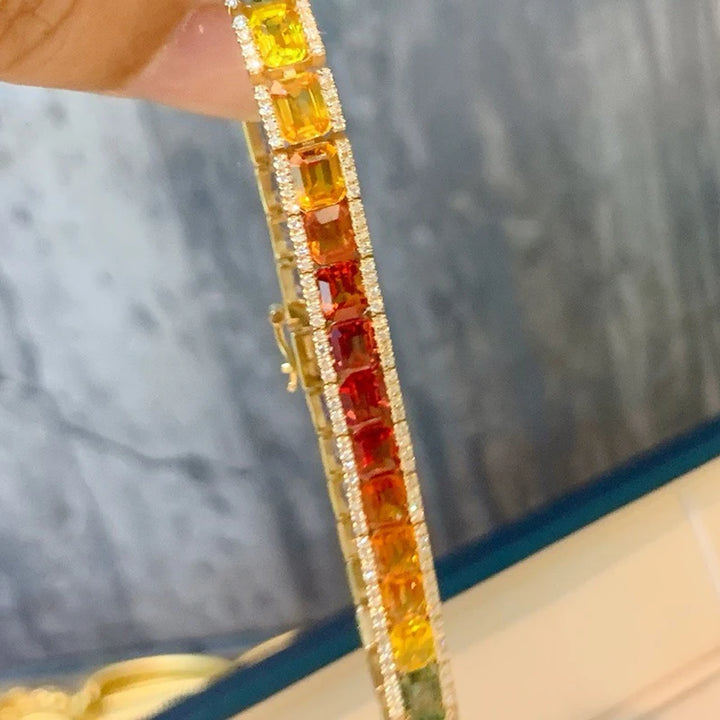 Aazuo Pulsera de lujo de oro amarillo de 18 quilates con zafiro de color natural y diamantes reales para mujer, pulsera de arcoíris para fiesta de compromiso de alta gama