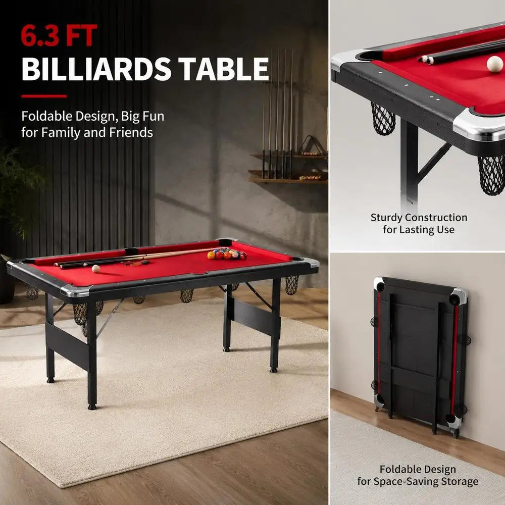 Mesa de billar de 6.3 pies, mesa de juegos plegable y portátil, ahorradora de espacio con bolas, tacos, tiza y cepillo, color negro con paño rojo