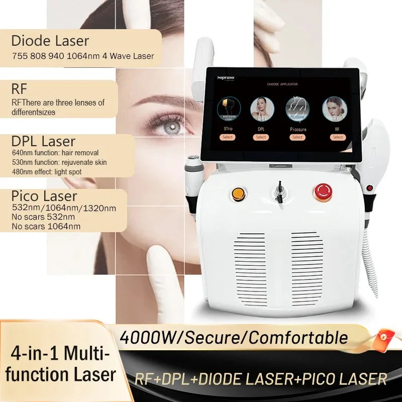 Máquina multifuncional para salones de belleza con láser de diodo 4 en 1, radiofrecuencia (RF), láser DPL y láser Pico: depilación permanente, eliminación de tatuajes y rejuvenecimiento de la piel.