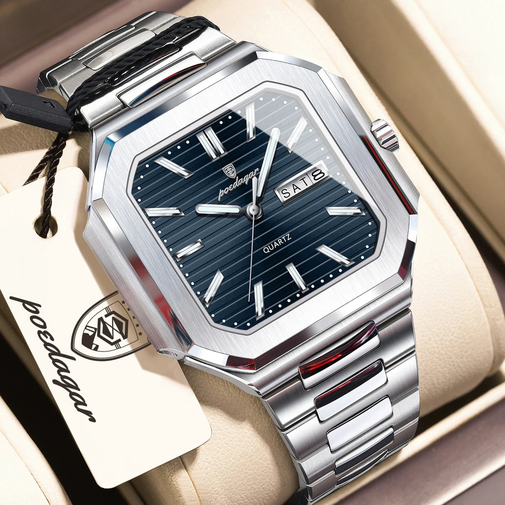 Reloj de cuarzo para hombre POEDAGAR, de negocios, impermeable, luminoso, con fecha y día, clásico, de acero inoxidable