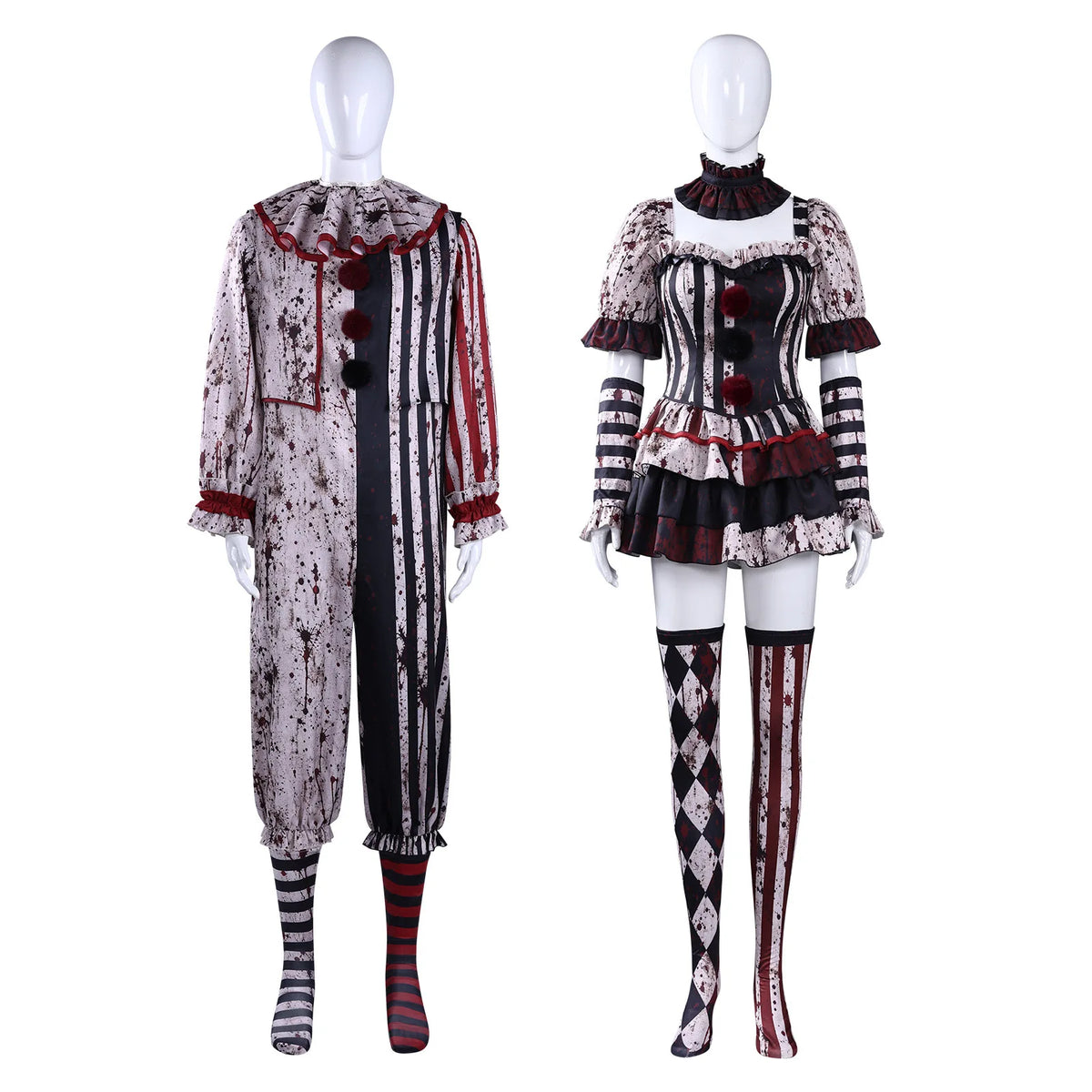 Disfraz de pareja de artistas de circo gótico sangriento; conjunto de rayas con manchas de sangre; conjunto completo de accesorios unisex para Halloween y carnaval.