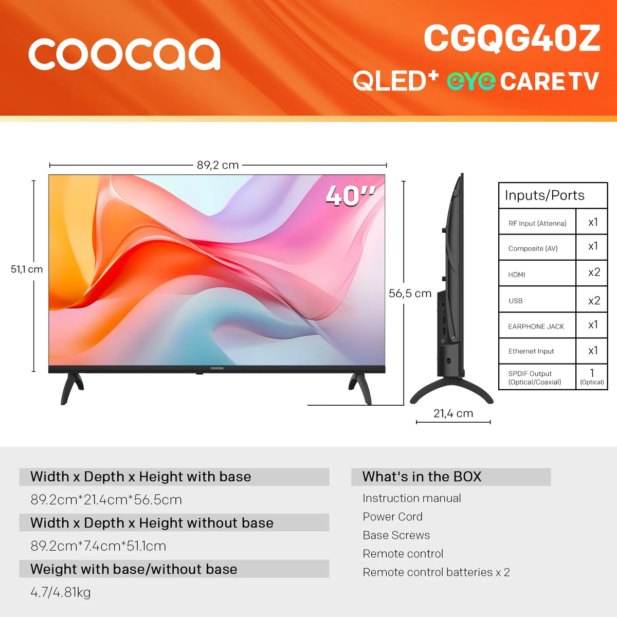Televisor Coocaa 40" Full HD QLED – Google Cast integrado, 60Hz, HDR10 y HLG, Dolby Audio, Bluetooth 5.1, tecnología Qyocare 5.0 anti luz azul, sin parpadeo, 2 puertos HDMI y 2 puertos USB, brillo de 200 cd/m², relación de contraste 5000:1