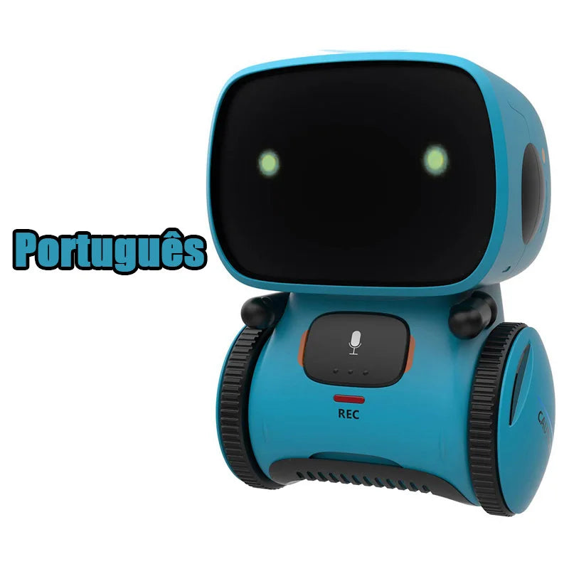 Robot educativo azul con pantalla oscura, ruedas laterales negras y panel frontal
