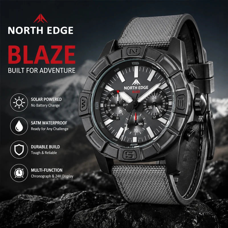 NORTH EDGE BLAZE 2026 Relojes para hombre, energía solar, caja de acero inoxidable 316, reloj de cuarzo para hombre, estilo piloto, resistente al agua 50m, cronómetro