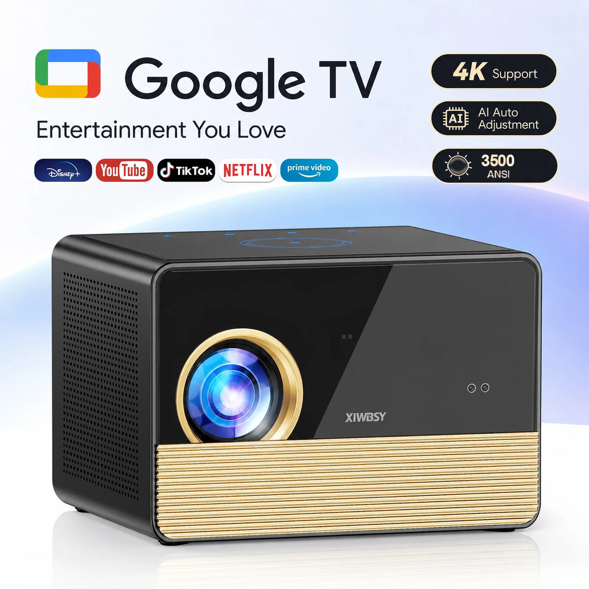 Proyector oficial XIWBSY 4k con Google TV, 3500ANSI, Asistente de Google, Cine en Casa, Enfoque Automático, WiFi6, Proyector Óptico Sellado