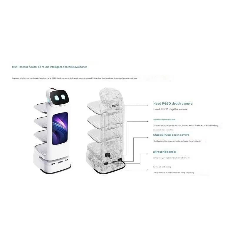 Robot repartidor blanco con pantalla azul y compartimentos internos visibles