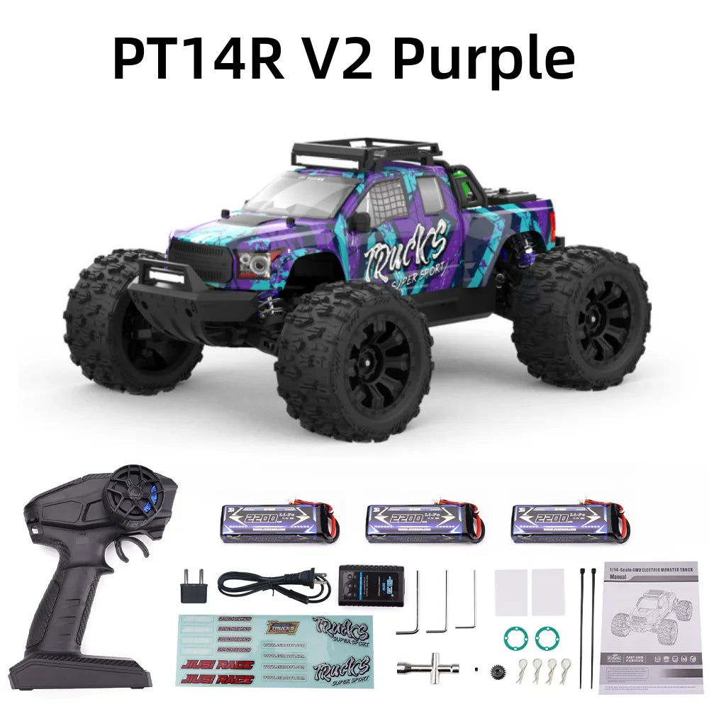 Camioneta RC 1:14 morada con neumáticos todoterreno; incluye control remoto y baterías