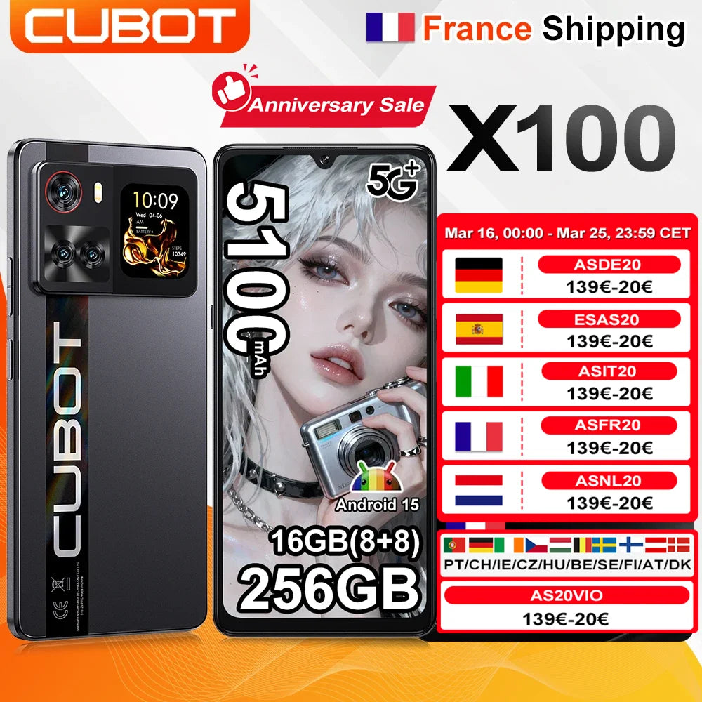 [Envíos desde Francia] Cubot X100 Smartphone 5G Android 15 6.88" 120Hz 16GB(8+8) RAM 256GB ROM 64MP 5100mAh 33W NFC Teléfono móvil