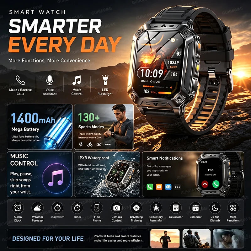 2026 HOT Upgraded Military Smart Watch Possess1400mAh Battery Capacity Outdoor IP68 Waterproof SOS Red And White LED Flashlight 100+Sport HD Call 2.01 inch Screen Watch