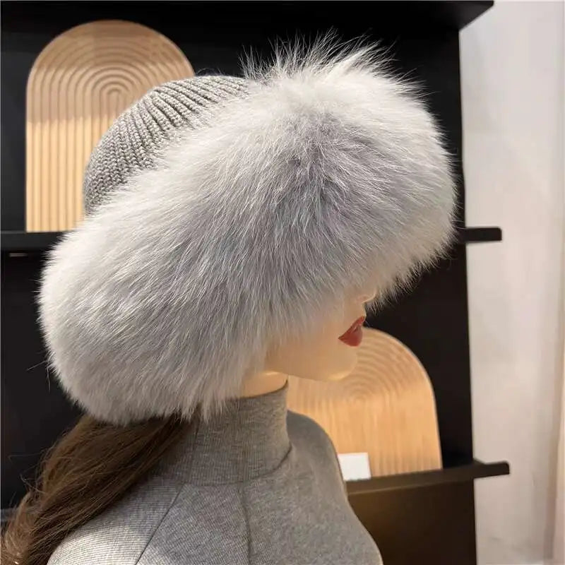 Gorro de piel de zorro para mujer, gorro con protección para los oídos grueso y cálido para invierno, gorro de piel de punto cálido para exteriores, gorros de bombardero de piel de zorro Real