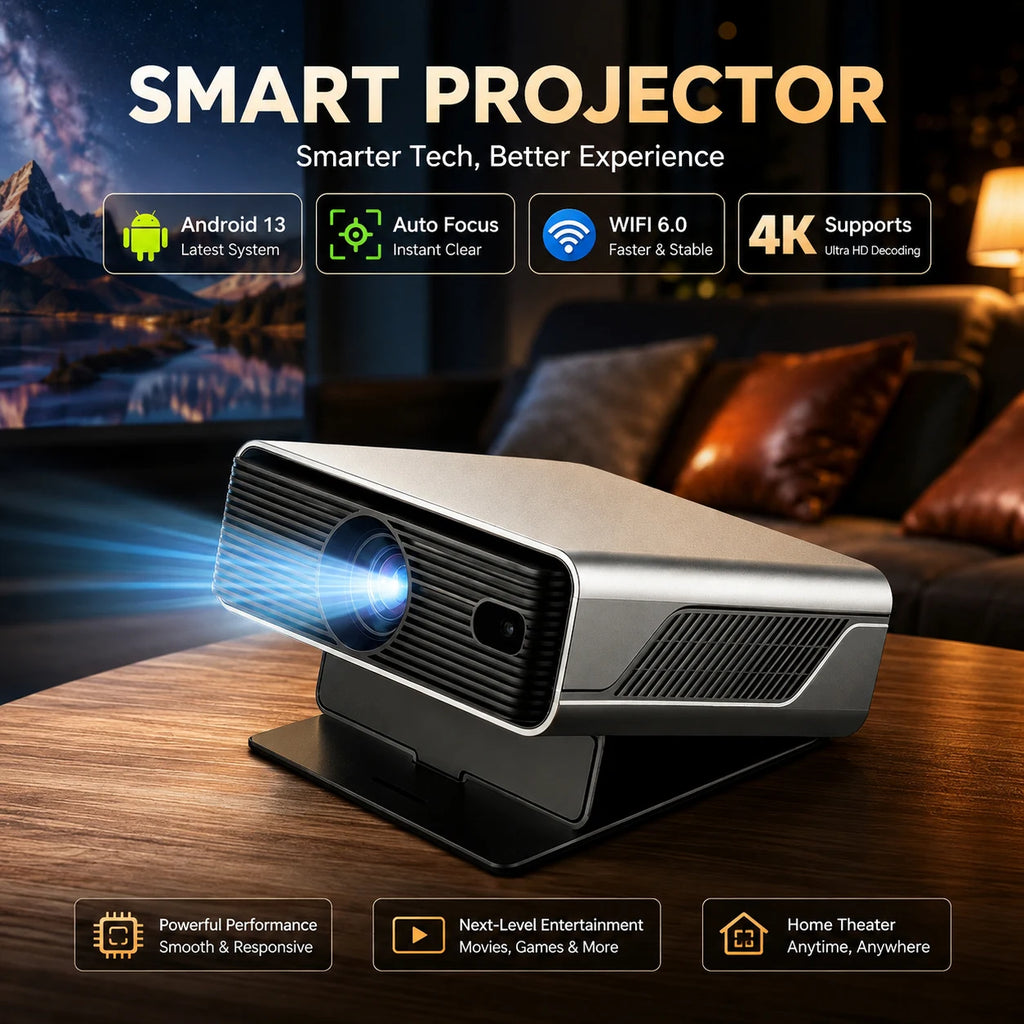 Proyector blanco con lente frontal y base de soporte, vista en ángulo sobre mesa