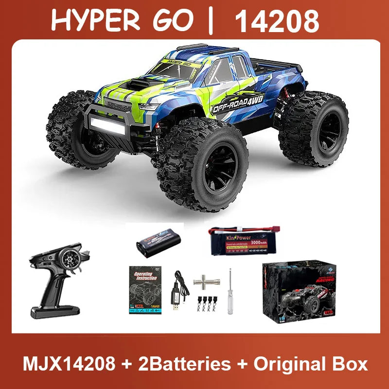 Set de coche RC con control, 2 baterías y caja original, vehículo todo terreno azul y verde