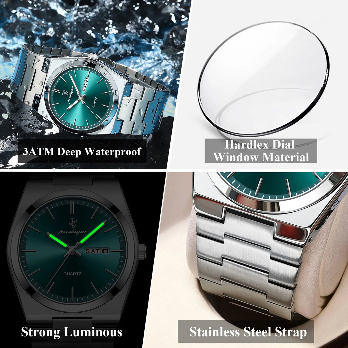 Reloj de pulsera de cuarzo para hombre POEDAGAR de lujo, de acero inoxidable, resistente al agua, luminoso, con fecha y día, estilo casual y moderno