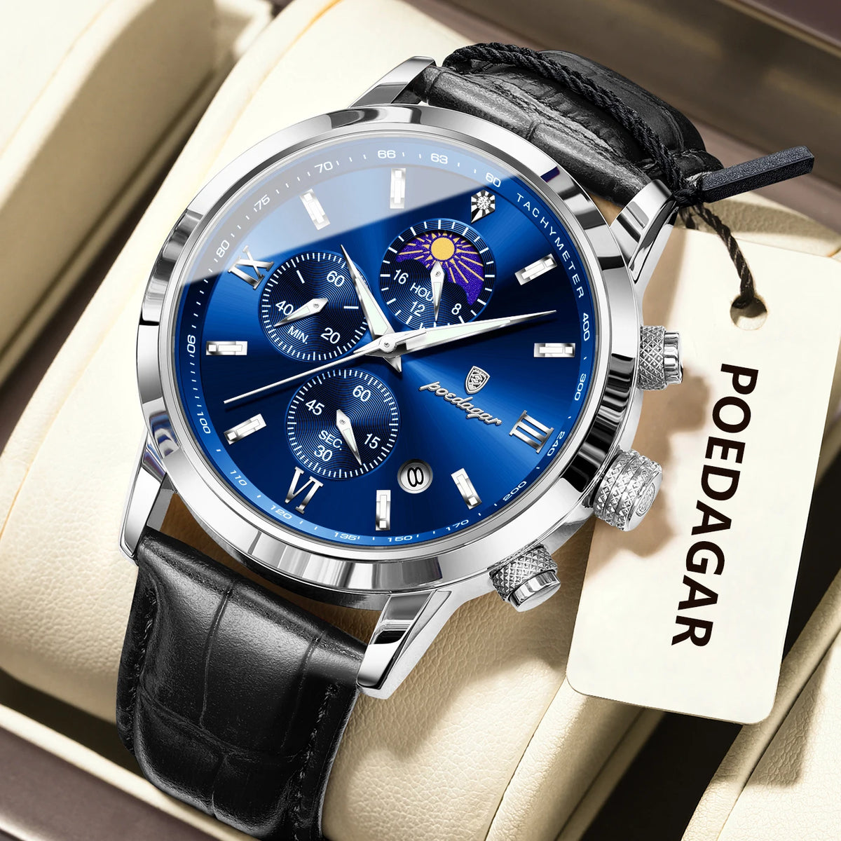 Reloj de pulsera original para hombre POEDAGAR, cronógrafo, con fecha, luminoso, resistente al agua, reloj de lujo de cuarzo con correa de piel para hombre
