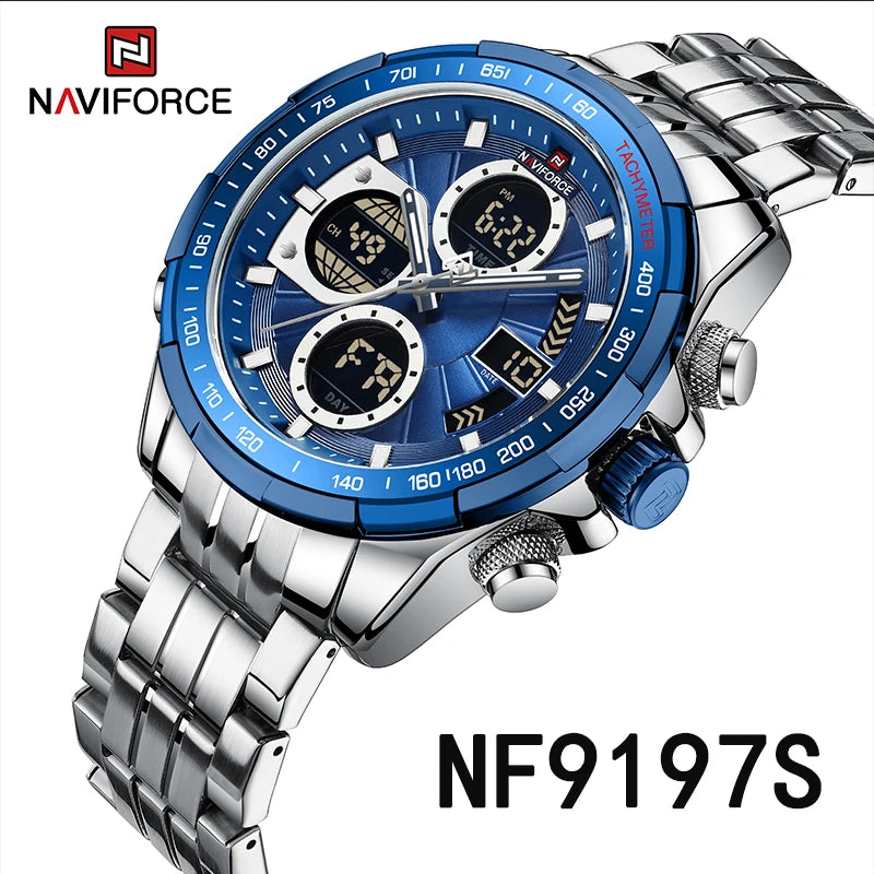 Reloj NAVIFORCE de lujo para hombre, clásico, de cuarzo y digital, reloj de pulsera deportivo militar de acero inoxidable plateado 9197
