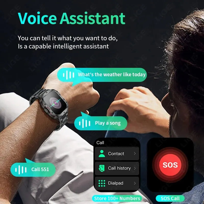 LIGE Nuevo Reloj Inteligente Pantalla de 1.96 Pulgadas 420 mAh Llamada Bluetooth Asistente de Voz Reloj Deportivo Fitness Reloj Inteligente Impermeable para Hombre