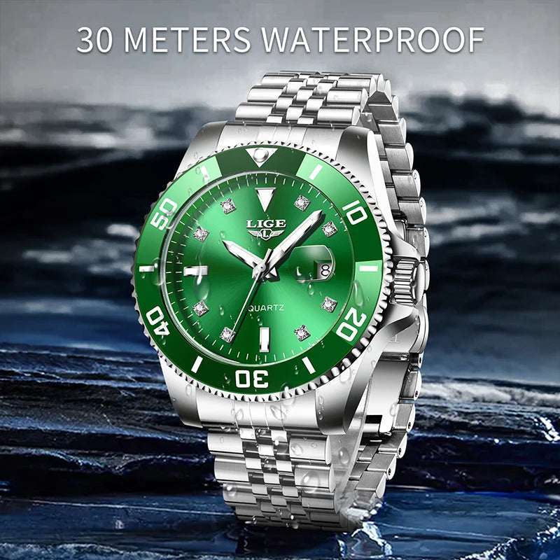 LIGE Fashion Man Watch Diamond Dial Business Watch Waterproof Calendar Butterfly Double Snap Stainless Steel Mens Watch Reloj