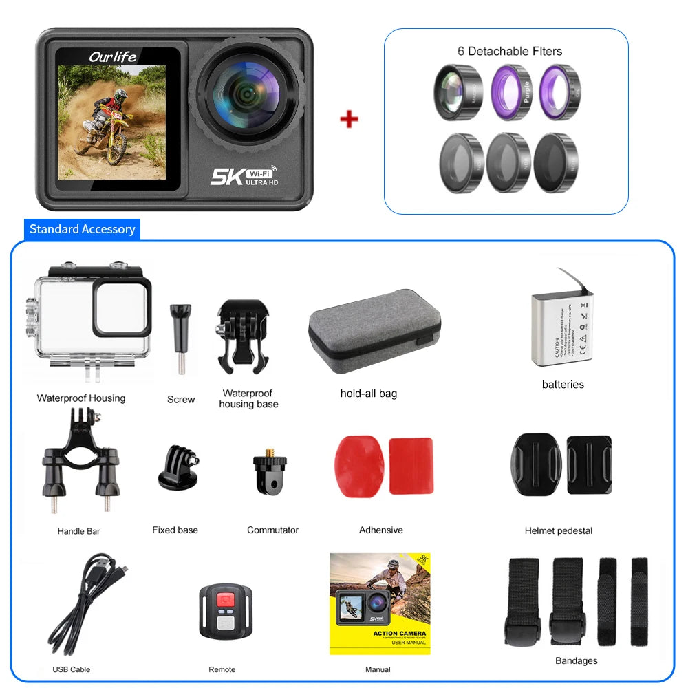 Cámara de Acción Ourlife MTR81 5K30FPS EIS con Pantalla Táctil de 2.0'', Resistente al Agua hasta 30M, WiFi, Zoom 5X, Cámara Deportiva para Casco con Control Remoto