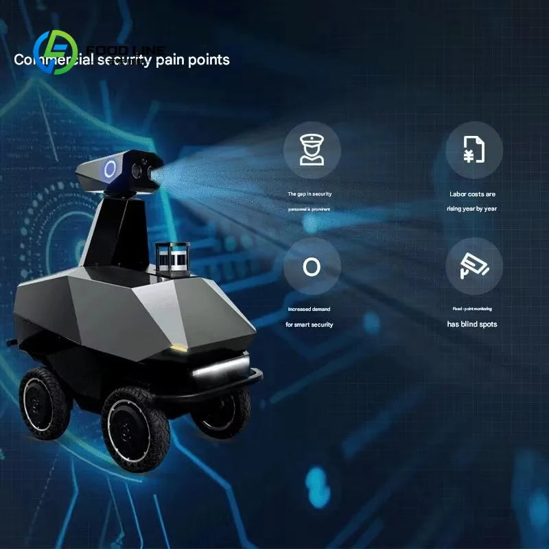 Robot patrulla autónomo FOOD LINE con torreta de sensores y luz azul de escaneo.