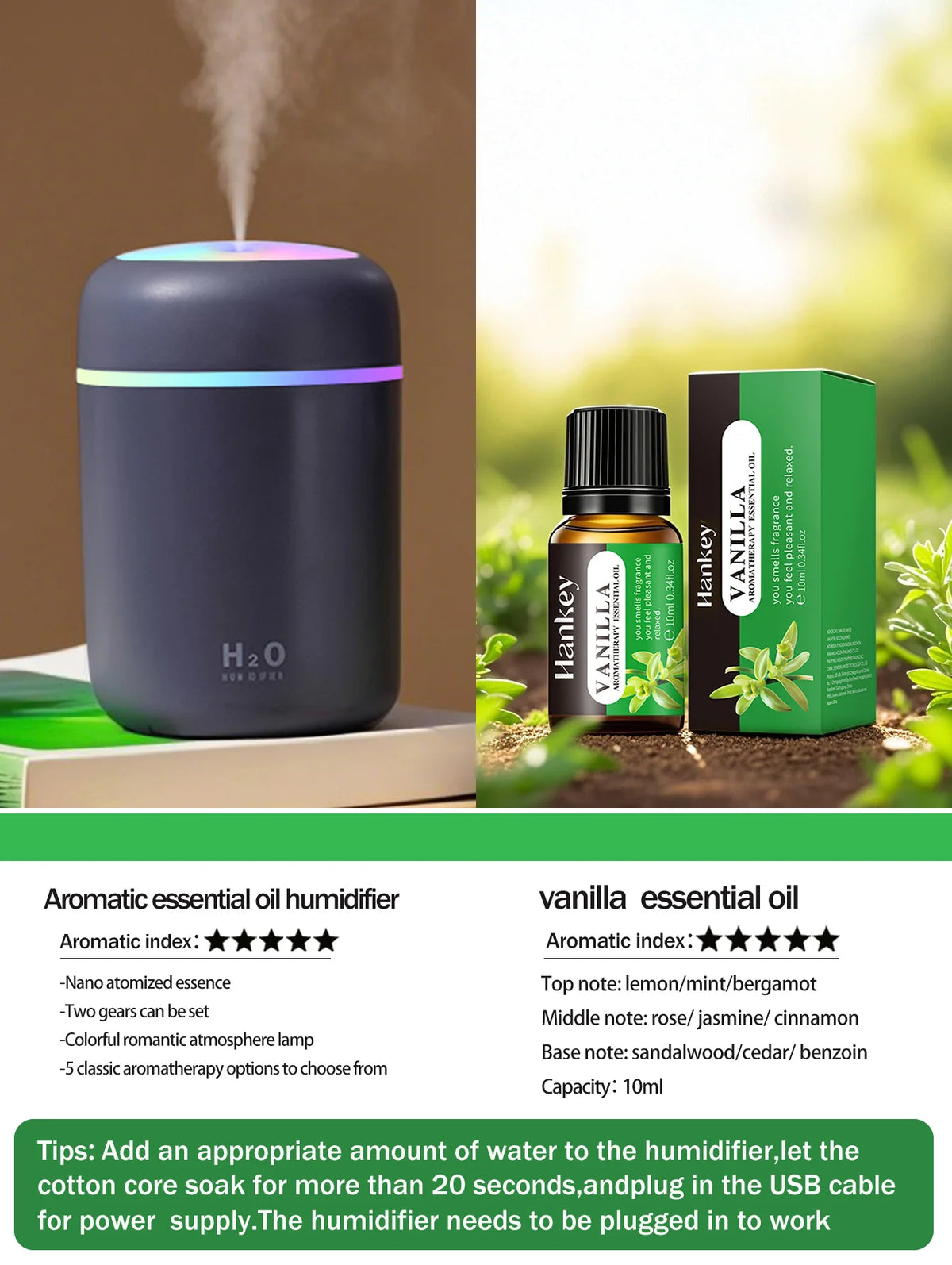 Difusor de aromaterapia de 300ml, humidificador, purificador de aire, uso doméstico en el coche, aceite esencial de aromaterapia con luz de siete colores