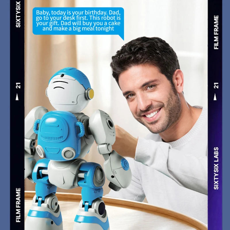 Robot educativo azul y blanco con cabeza con visor, cuerpo completo con patas