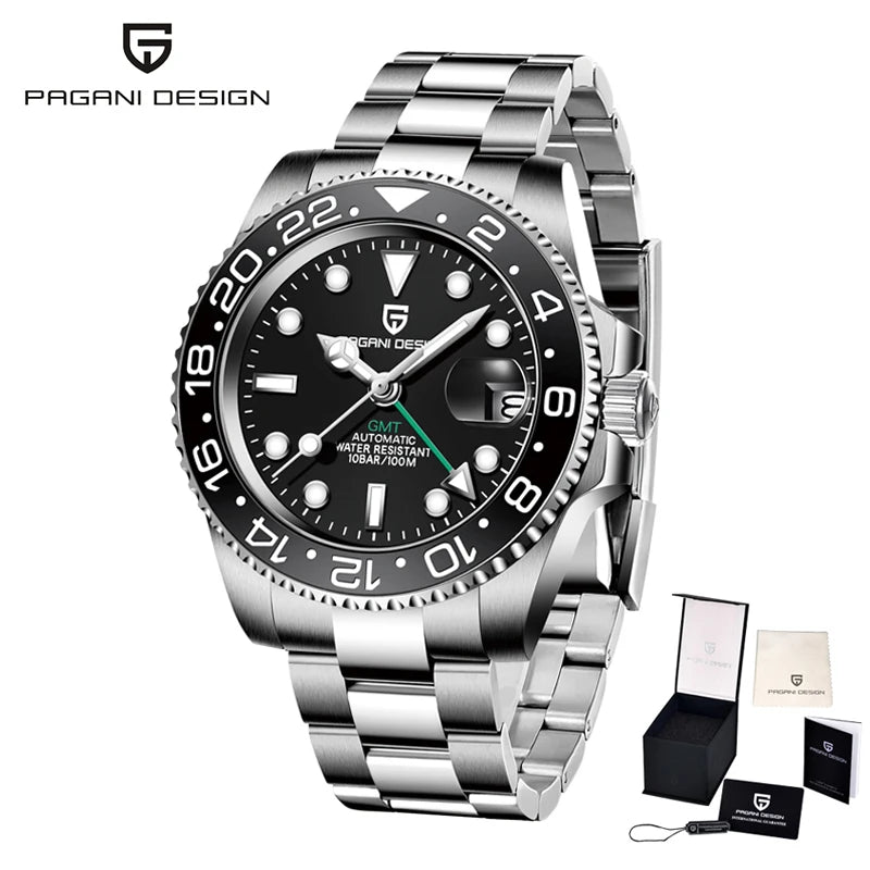 PAGANI DESIGN 40mm Reloj mecánico de lujo para hombre, reloj GMT de acero inoxidable, marca de alta gama, cristal de zafiro, relojes para hombre