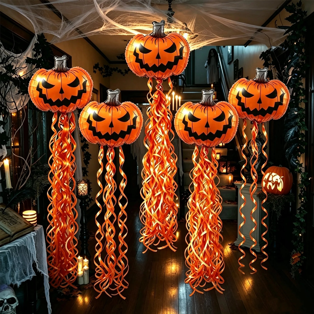 7 piezas: suministros de decoración para Halloween, globos de calabaza espeluznantes y juego de cortinas de lluvia con borlas en espiral, con puntos adhesivos, adecuados para fiestas de Halloween, recogida de dulces, f