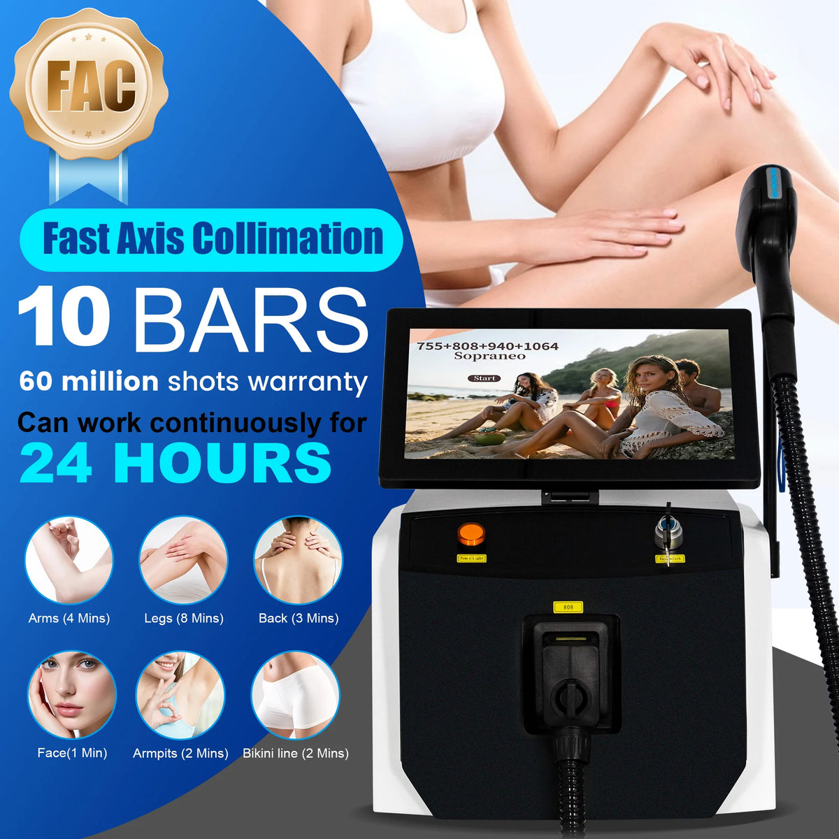 Máquina de diodo FAC profesional de cuatro longitudes de onda 808, de escritorio, en blanco y negro, para la eliminación permanente e indolora del vello y los tatuajes, dispositivo de belleza.