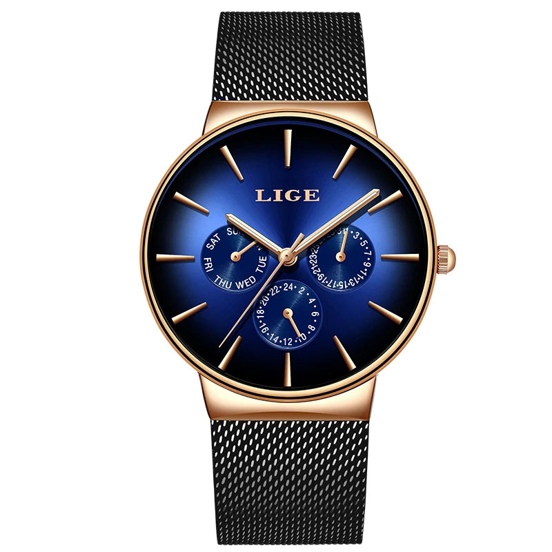 Nuevo reloj de moda para mujer LIGE elegante, lujoso, sencillo, ultrafino, con correa de malla de acero, de cuarzo, resistente al agua y con calendario casual.