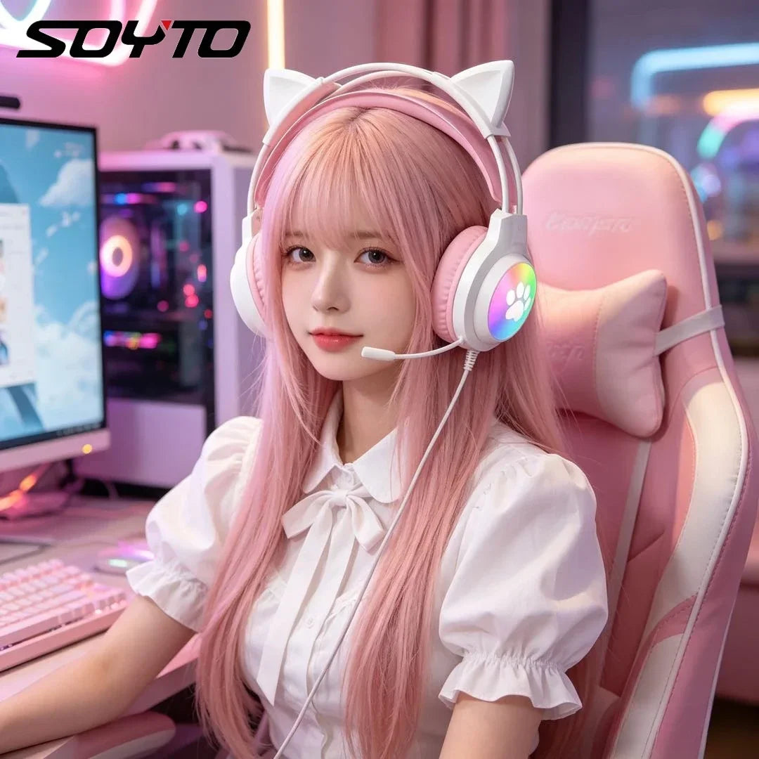 Auriculares para juegos SOYTO Pink Cat Ear, auriculares con cable con luz LED RGB, micrófono con cancelación de ruido, sonido estéreo para PC, portátil, gamer, chicas