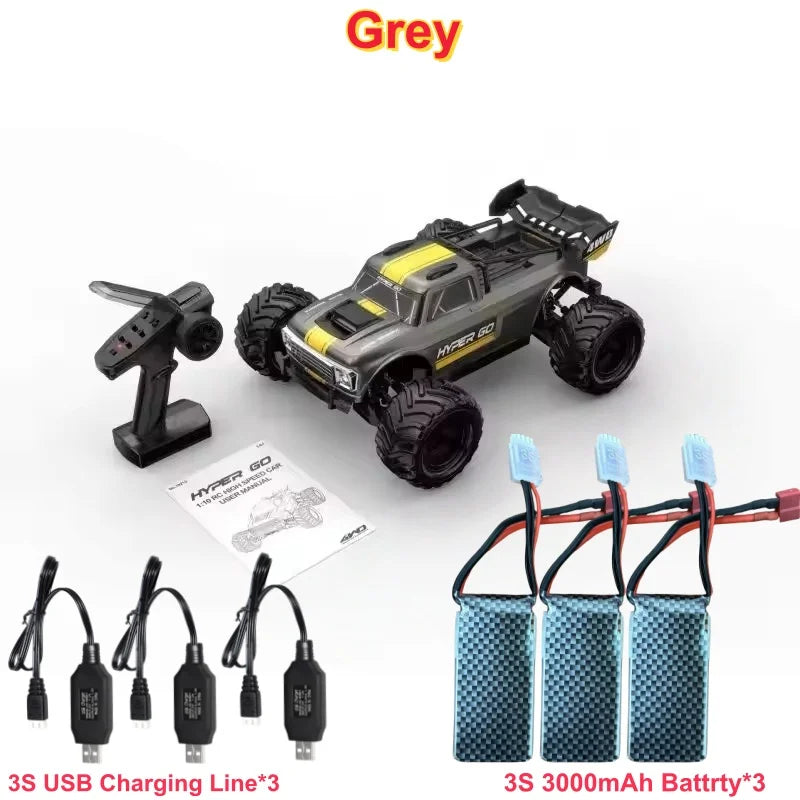Coche RC todoterreno gris 1:10 con control remoto, batería y cableado, ruedas grandes
