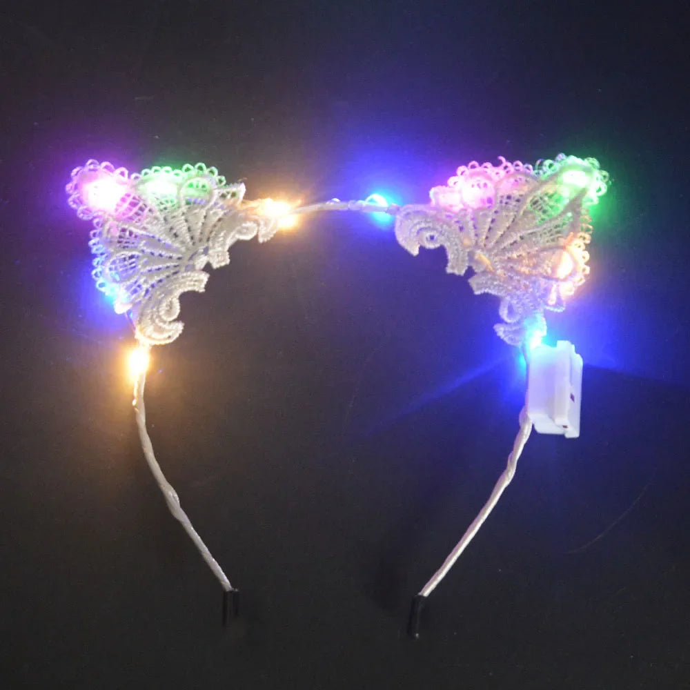 20 piezas de luces LED intermitentes de encaje con orejas de animales, diadema de gato y zorro para Cosplay, fiesta de cumpleaños, Rave, Festival de boda