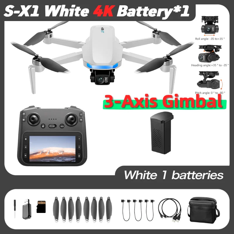 Dron blanco con hélices, cámara en gimbal de 3 ejes y set de batería