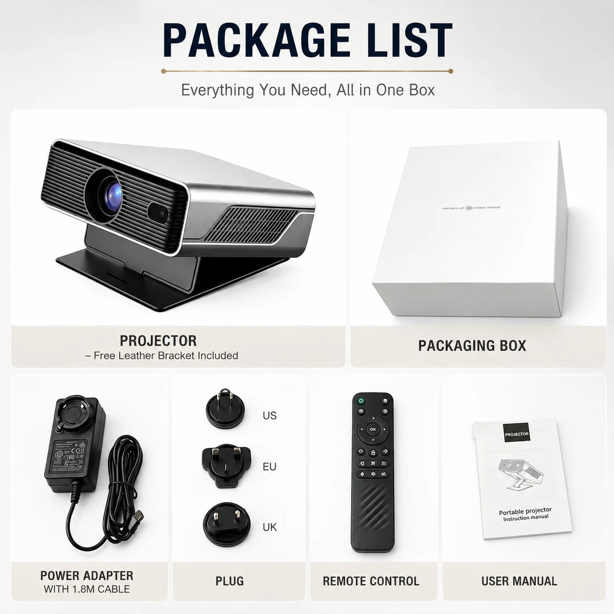 Kit del proyector con base de cuero, adaptador y mando a distancia en caja
