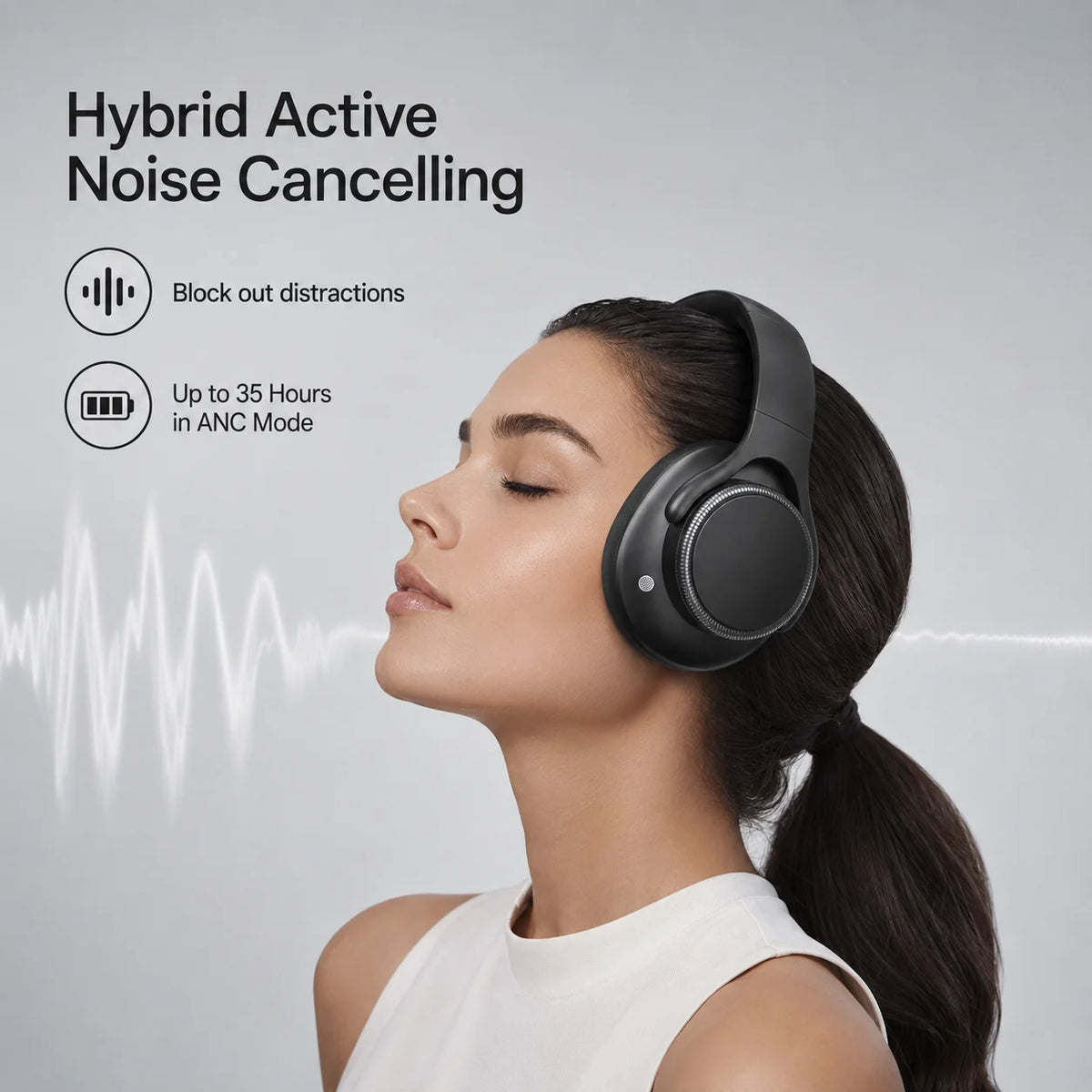 Auriculares inalámbricos Bluetooth 6.0 con ANC (cancelación activa de ruido), controladores de 40 mm, 50 horas de reproducción, control de volumen giratorio y diseño circumaural.