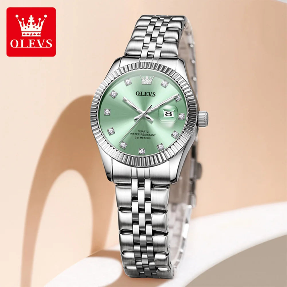 Reloj de mujer OLEVS 3705, resistente al agua 30M, reloj de cuarzo con fecha para mujer, espejo de alta dureza, escala de diamantes, reloj de lujo para dama