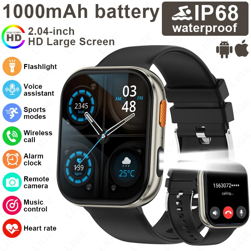 Reloj inteligente LIGE AMOLED para hombre, pantalla de 2.04, llamadas Bluetooth, monitor de salud, resistente al agua IP68, reloj inteligente deportivo para mujer, nuevo para Android iOS