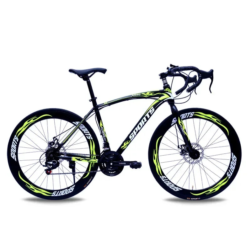 Bicicleta de carreras de 26 pulgadas con cuadro de acero al carbono, 21 velocidades, manubrio curvo, doble freno de disco y rines de 60 mm para adultos